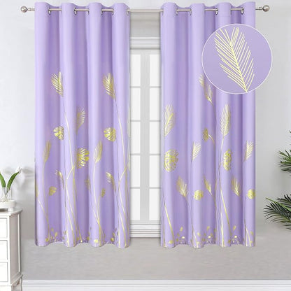 Lilac Blackout Curtains for Bedroom, Room Darkening Gold Palm Tree Pattern by ESTELARTEXTILER