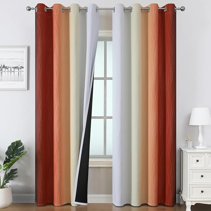 Burnt Orange and Greyish White Ombre Blackout Curtains 90 Inch Length by ESTELARTEXTILER