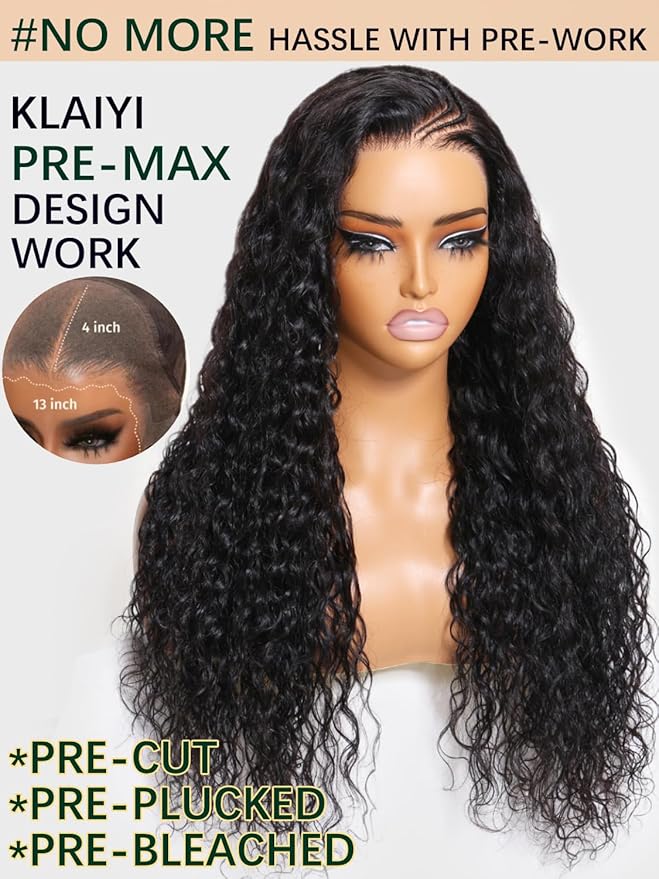 KLAIYI Pre Everything 13x4 Glueless Lace Front Wig Human Hair Water Wave Bye Bye Knots Put On and Go Wig Pre Cut Lace Pre Bleached Pre Plucked 30S Easy To Wear Beginner Curly Wig with Baby Hair 24Inch