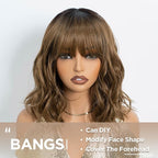 NOBLE Bob Wig with Bangs Short Wavy Wig for Women Ombre Light Brown Shoulder Length Wig Heat Resistant Synthetic Wigs for Daily Party Use 12 Inches