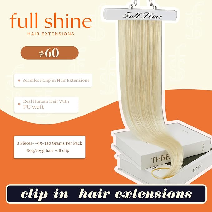 Full Shine Clip in Extensions Platinum Blonde Real Hair Extensions Clip in Human Hair Blonde Invisible Hair Extension with PU Weft Straight Hair 16 Inch 8 PCS 120 G