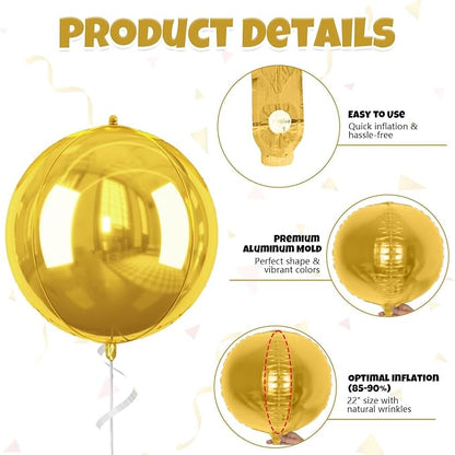 Black and Gold Round Foil Balloons, 22 Inch 4D Sphere Metallic Balloons - Image 6