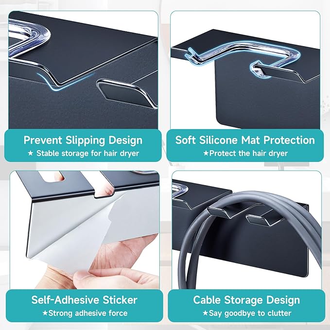 Blow Dryer Holder Matte Black, Hair Dryer Wall Mount, Hair Dryer Holder Stainless Steel, Blowdryer Holder for Wall, Hairdryer Holder for Bathroom Dressing Table