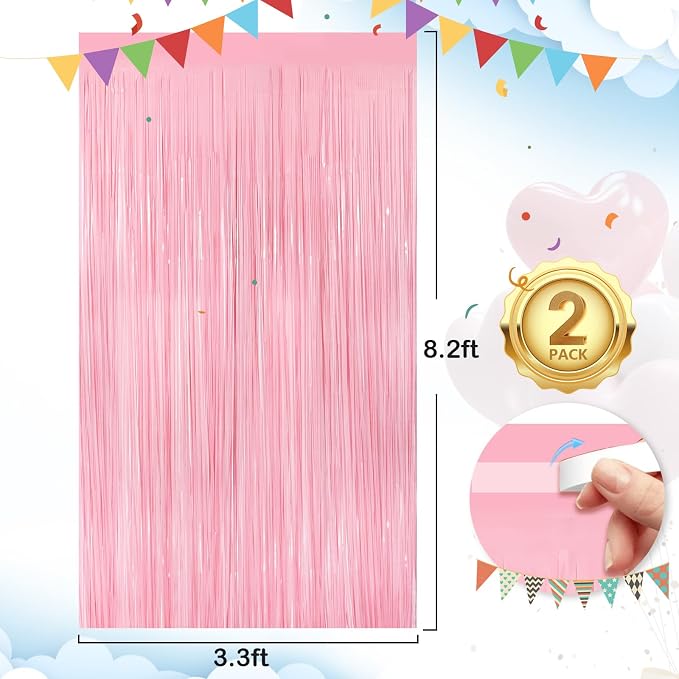 2Pack Pastel Pink Metallic Tinsel Foil Fringe Curtains, 3.3 X 8.3ft Pink Party - Image 4
