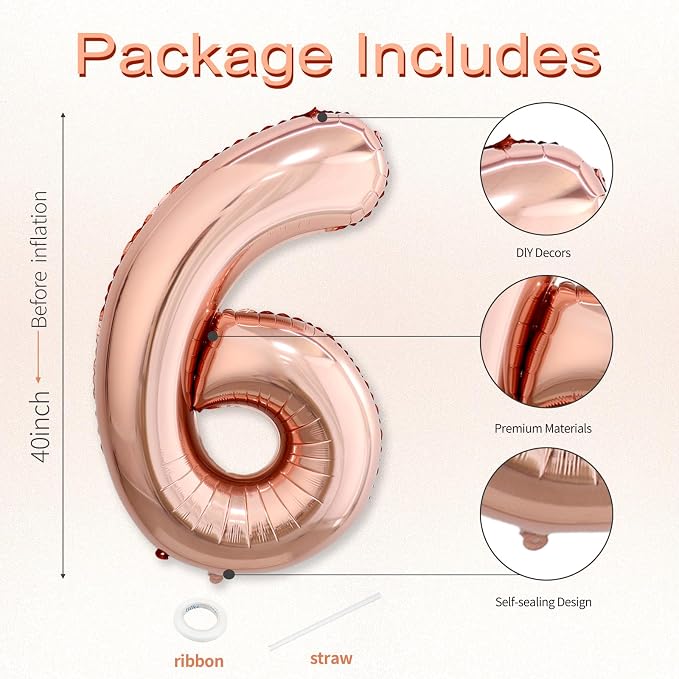 40 Inch Rose Gold Number 6 Balloon, Giant Number Balloons, Birthday Decor | - Image 3