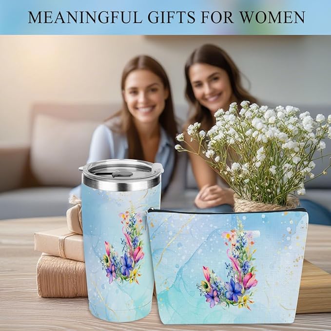 Personalized Gifts Monogrammed Birthday Gifts for Women, Maid of Honor Bachelorette Wedding Christmas Initial 20 oz Tumbler, Makeup Bag Cup Pens Journal Notebook 6 Set, (Aesthetic Blue Flower J)