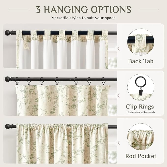 Blackout Vintage Floral Linen Curtains Green on Beige 50×84 2 Panels | Elisa - Image 8