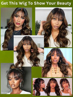KLAIYI Ombre Brown Loose Body Wave Bye Bye Knots Glueless Precut 7x5 HD Lace Front Human Hair Bang Wig Drawstring Highlight Balayage Brown Pre Plucked Bleached 30S Ready to Wear and Go Wig 180% 16Inch