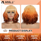 NOBLE Short Bob Wigs with Bangs for Women 3 Tone Ombre Color Synthetic Shoulder Length Curly Wavy Blonde to Orange to Ginger Wig Natural Looking Heat Resistant Colorful Daily Party Cosplay Bob Wigs.