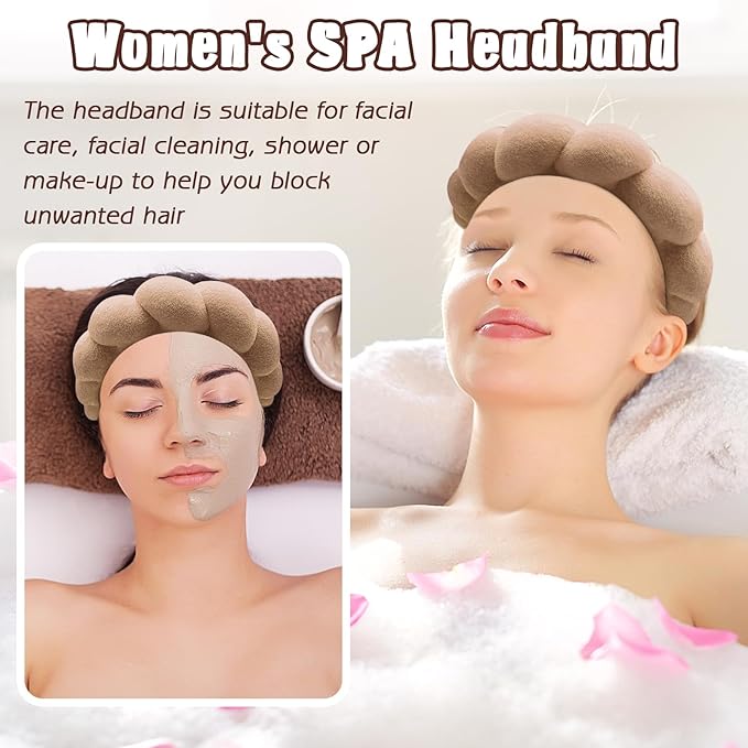 Zkptops Spa Headband for Washing Face Wristband Set Sponge Makeup Skincare Terry Cloth Bubble Soft Get Ready Hairband for Women Girl Puffy Padded Headwear Non Slip Thick Hair Accessory(Brown-2)