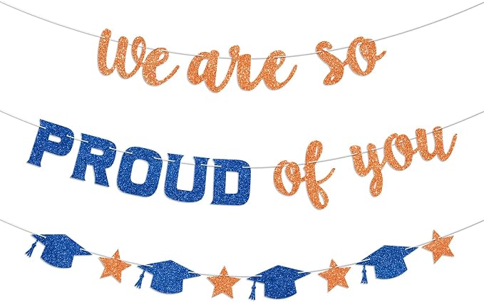 We Are So Proud of You Banner Prestrung Orange and Blue Graduation Banner by Blopee