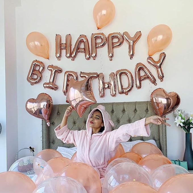 27 Pcs Rose Gold Birthday Decorations, 3D Foil Rose Gold Happy Birthday Balloon - Image 2