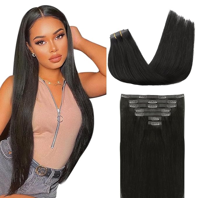 Lashey Seamless Clip in Human Hair Extensions, 110g 7pcs Straight 18 Inch Hair Extensions Natural Black 100% Real Human Hair Clip in Hair Extensions with Soft PU Skin Weft for Black Women