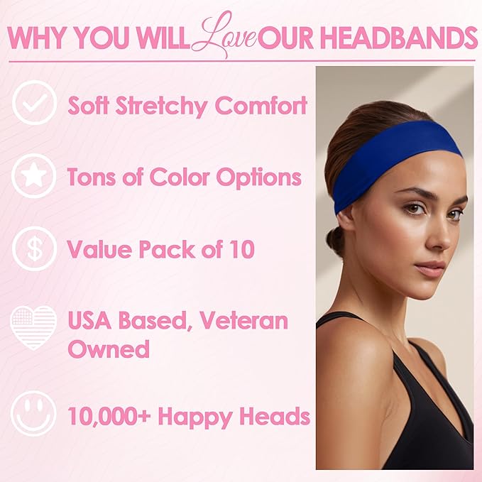 Styla Hair Headbands for Women Stretch Fashion Head Bands 10 Pack Non-Slip Head Wraps Great for Spa, Sports, Yoga, Pilates, Running, Gym Headband, Workouts (Blue)