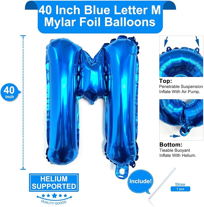 Lovoir 40 Inch Large Blue Letter M Balloons Big Size Jumbo Mylar Foil Helium - Image 2