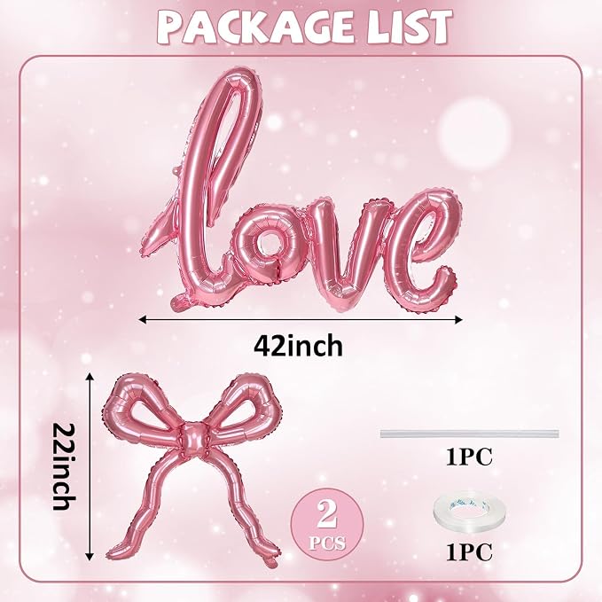 Pink Love Bow Balloons Set, 42 Inch Giant Foil Love Letter Balloon 22 Inch Bow - Image 2