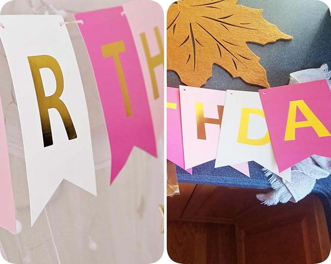 Happy Birthday Banner Birthday Party Supplies Garland Decorations Pink White - Image 7