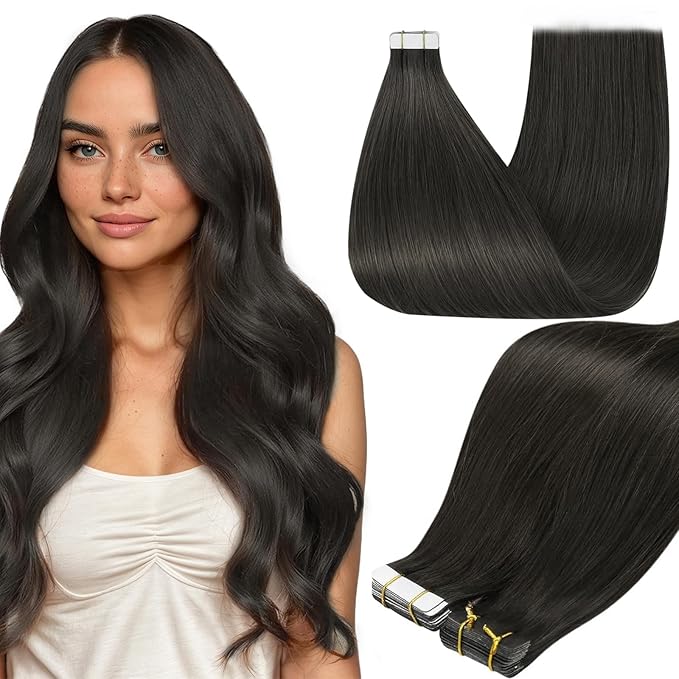 Full Shine Human Hair Tape in Extensions Color 1C Mocha Brown Tape in Hair Extensions Human Hair 24Inch Remy Skin Weft Double Sided Adhesive Extension 50G 20Pcs Add Length