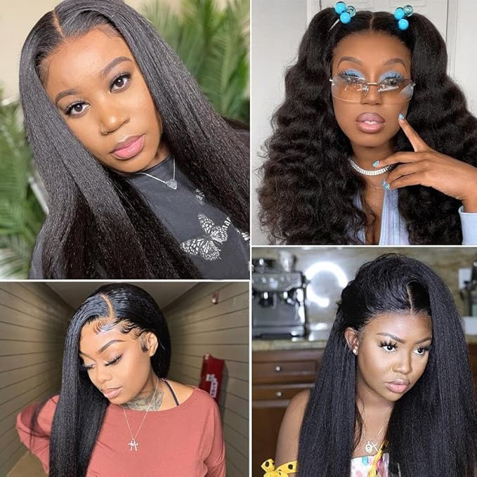 GOLFMAX 22 Inch Yaki Straight Lace Front Wigs Human Hair Wigs 13x4 Transparent Lace Front Human Hair Wig Pre Plucked Kinky Straight Human Hair Lace Frontal Wigs