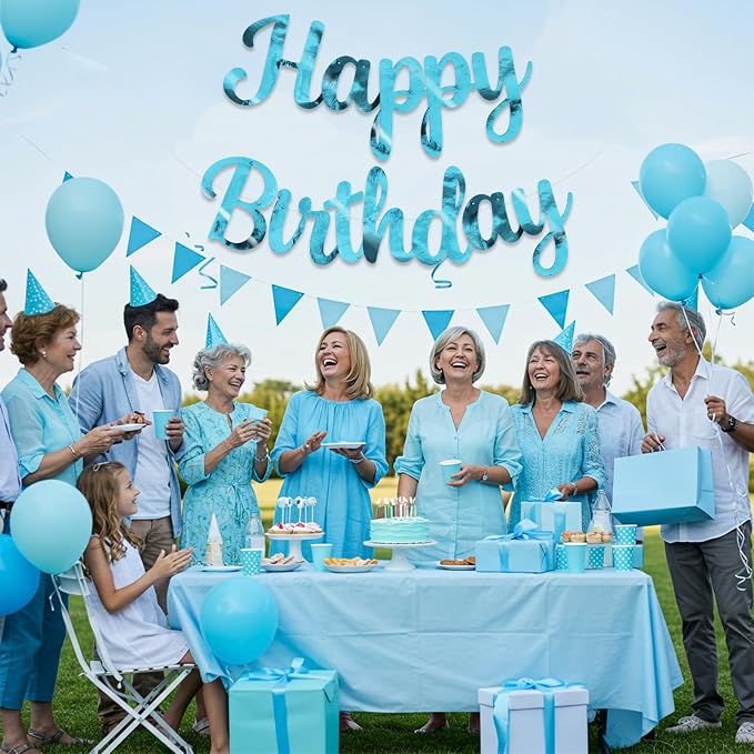 BEISHIDA Bright Lake Blue Happy Birthday Banner Party Decoration NO DIY | - Image 5