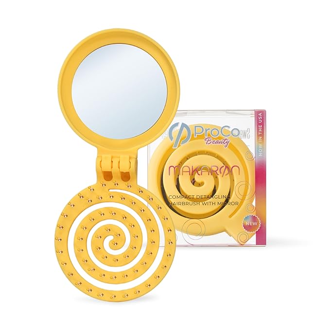 Mini Detangler Travel Hair Brush with Mirror, Makaron Hair Brushes for Women, Men and Kids, Unique 3D Flexible Design for All Hair Types, Styling Accessory, Travel Essentials for Women (YELLOW)