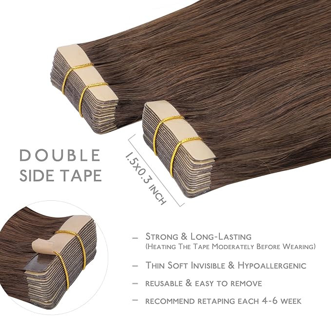 WENNALIFE Tape in Hair Extensions Human Hair, 20pcs 50g 24 inch Chocolate Brown Remy Hair Extensions Straight Human Hair Tape in Extensions Skin Weft Tape Extensions Human Hair
