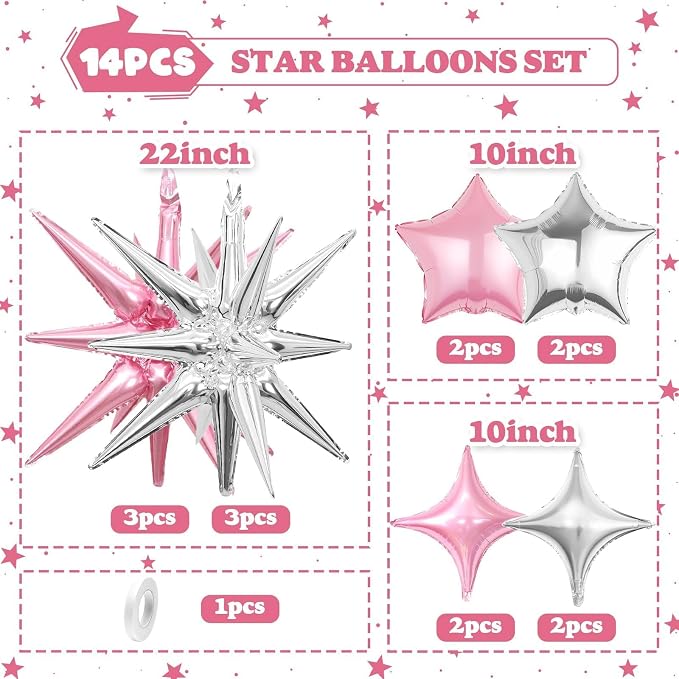14pcs Pink Silver Star Balloons, Mixed Star Foil Balloon, 22Inch Explosion - Image 2