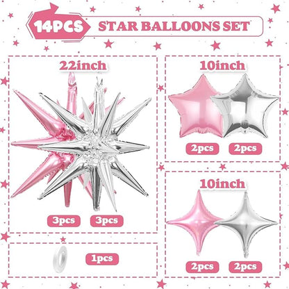14pcs Pink Silver Star Balloons, Mixed Star Foil Balloon, 22Inch Explosion - Image 2