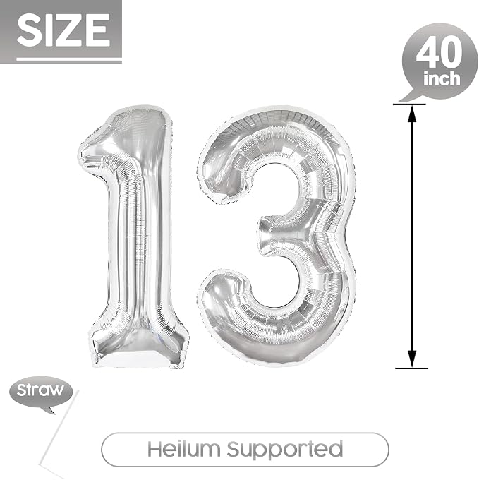 13 Balloon - Silver Birthday Number Balloons, 40 Inch Decorations Men Women | - Image 5