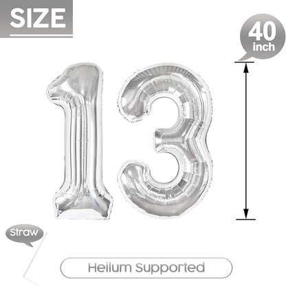 13 Balloon - Silver Birthday Number Balloons, 40 Inch Decorations Men Women | - Image 5