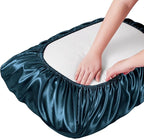 Manyshofu Satin Pillowcases for Hair Protection - 1Pcs Navy Blue Pillow Cases, Elastic Band Standard & Queen Satin Pillowcases Luxury Silky Pillow Cases Travel Pillow Covers