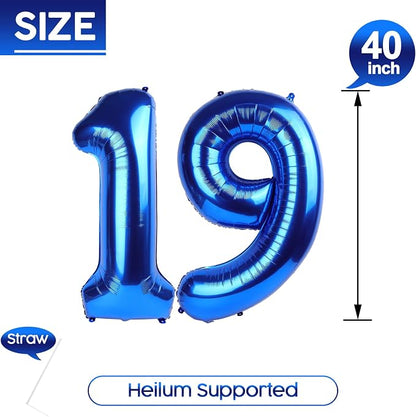 19 Balloon - Metallic Blue Birthday Number Balloons, 40 Inch Decorations | - Image 5
