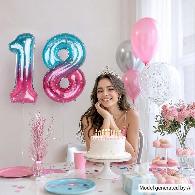 40 Inch Blue Pink Number 18 Balloon, Ombre 18th Birthday Decor - Image 2