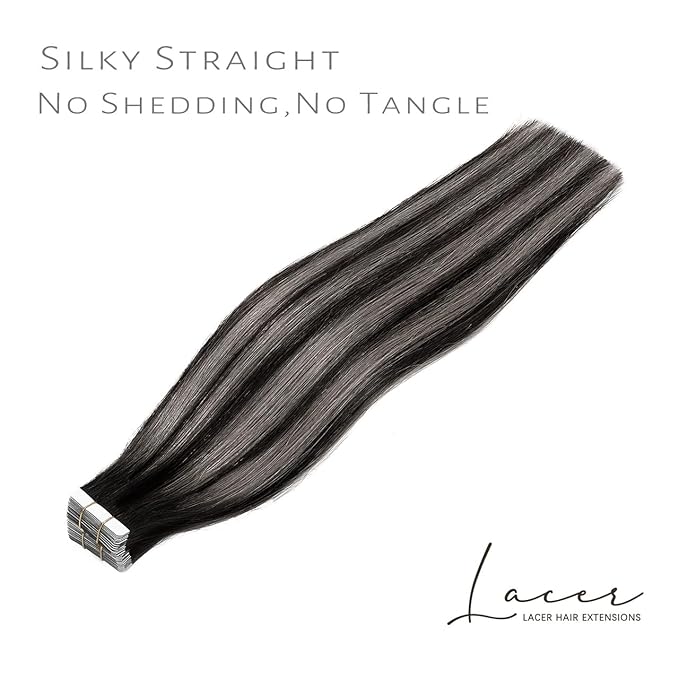 Lacer Grey Tape in Hair Extensions Human Hair Straight Natural Black to Silver Highlights with Natural Black Roots Hair Extensions Tape in 20 Inches 20pcs/50g