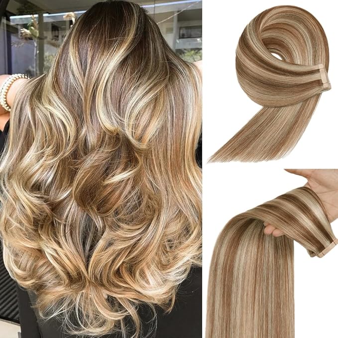 Tape in Hair Extensions Human Hair, Straight Seamless Tape in for Women 20pcs 18inch Invisible Chestnut Brown to Blonde Highlight (P6/613#,18 Inch)