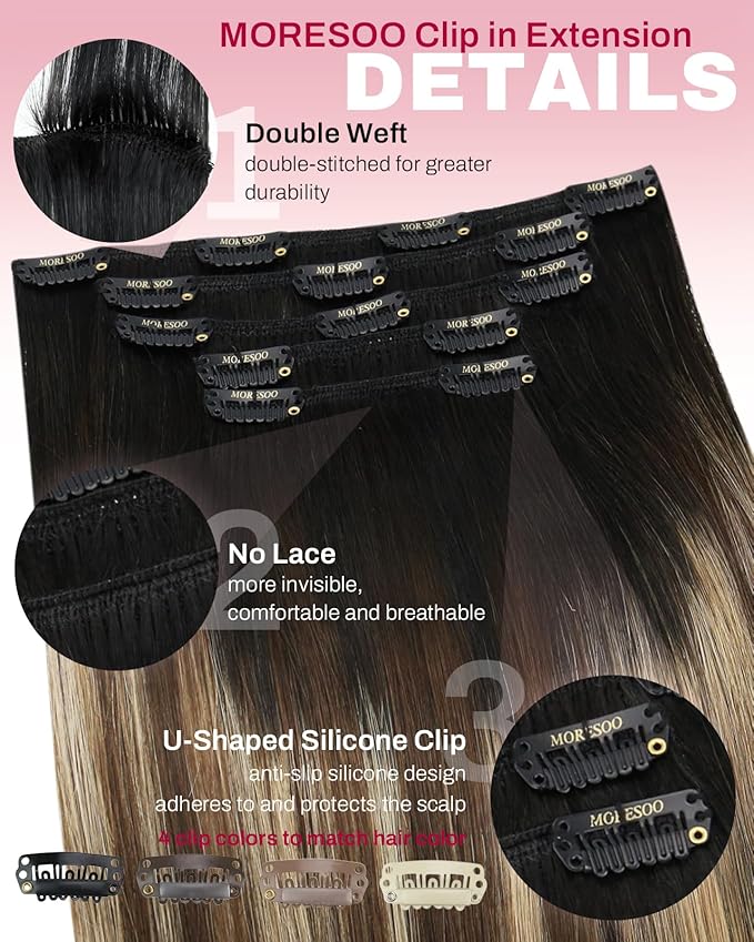 Moresoo Balayage Clip in Hair Extensions Short Black to Blonde Balayage Real Human Hair Extensions Clip ins Remy for Women Ombre Natural Black to Brown with Honey Blonde 80g/5pcs 10in