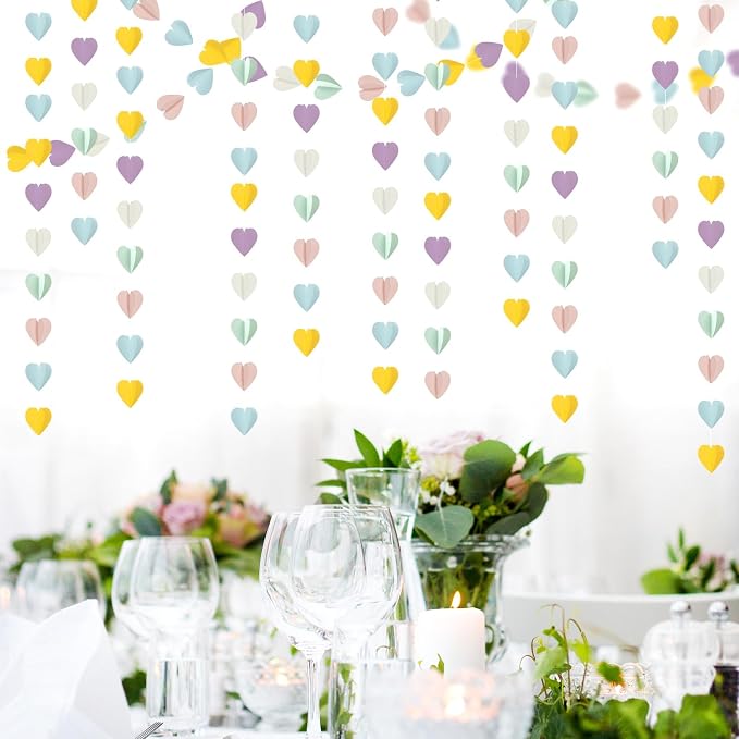 Pastel-Rainbow Party-Decorations 3D Heart Garland - 39Ft Yellow Blue Pink - Image 7
