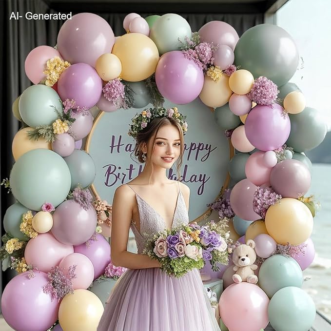 Dusty Green Pink Purple Yellow Balloon arch kit, Double Stuffed Haze Purple - Image 6