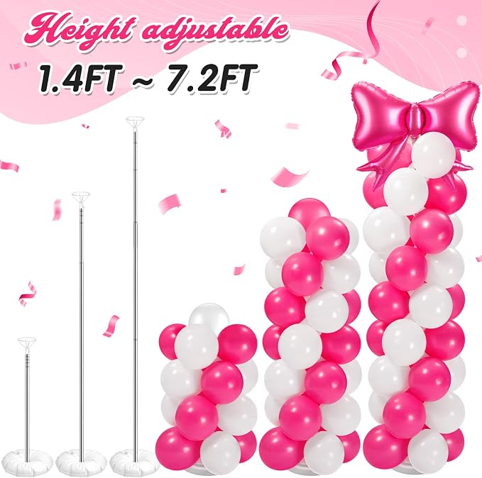 2 Sets Hot Pink White Bow Balloon Column Stand Kit Includes 2 Bows & 100 Latex - Image 6