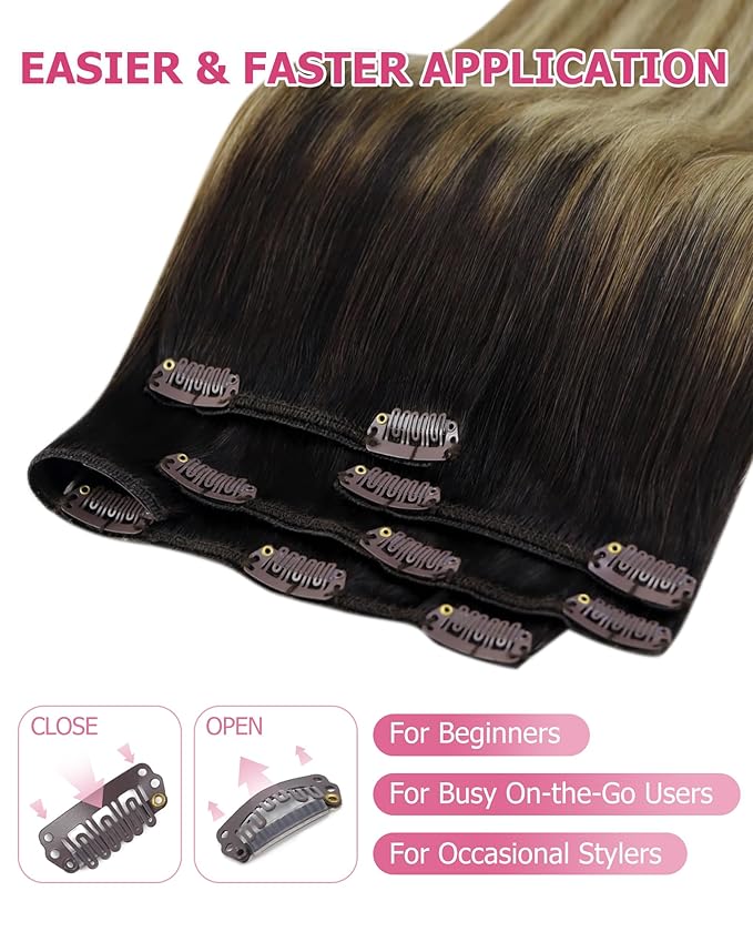 YoungSee Brown Ombre Hair Extensions Clip ins Balayage Human Hair Clip in Extensions Dark Brown Roots Medium Brown Mix Blonde Balayage Clips in Human Hair Extensions for Woman 14inch 120g