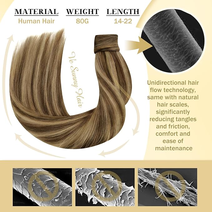 Ve Sunny Hair Extensions Ponytail Real Human Hair 80G Wrap Around Clip in Ponytail Hair Extensions Straight Extensions Human Hair for Women Medium Brown Highlighted Caramel Blonde 14inch