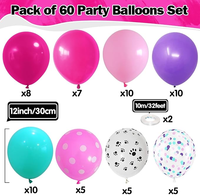 Dog Paw Balloons Set 60 Pcs 12 Inch Pink Purple Blue Balloons Puppy Paw Print - Image 2
