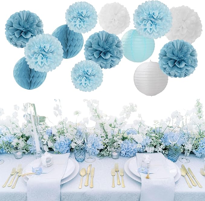 Dusty-Blue White Party-Decorations Paper-Flowers Lanterns - Image 3