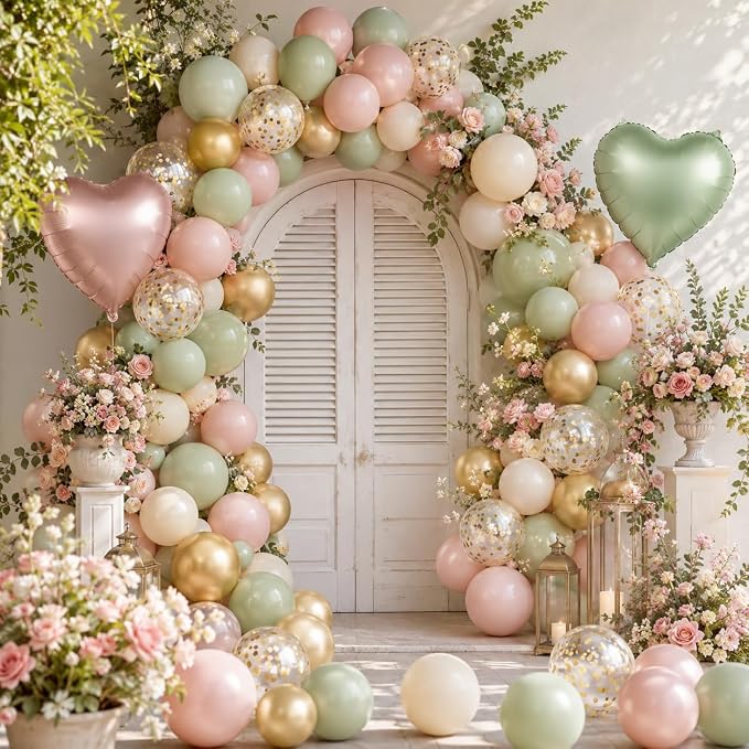 Pink and Green Balloons, 12 Inch Retro Sage Green Pink Nude Metallic Gold - Image 8