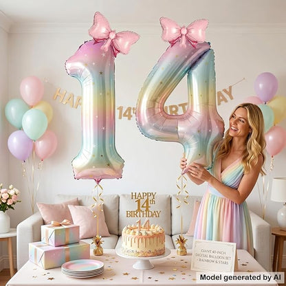 40" Giant Pastel Rainbow Number 14 Balloon Foil Pink Bow Decor Kit | - Image 4