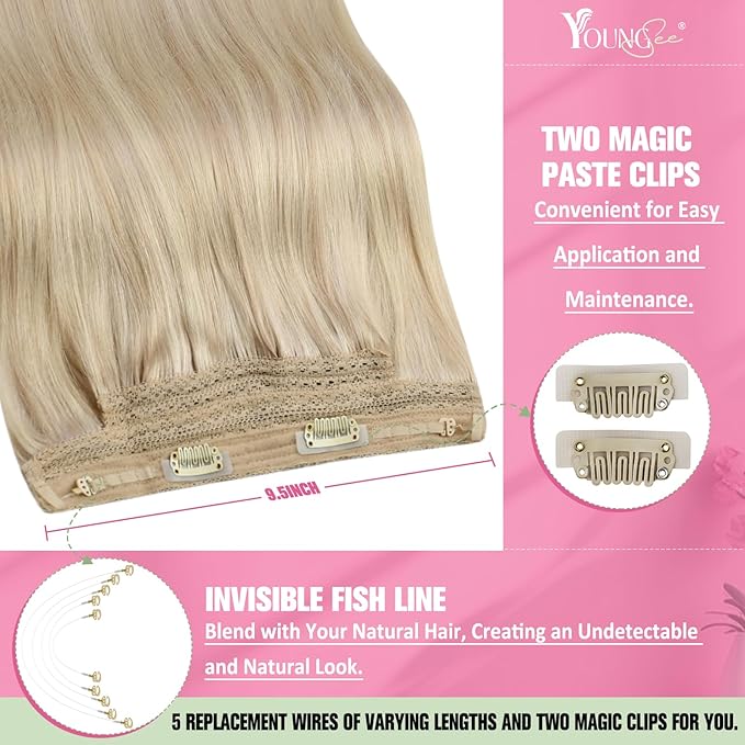 YoungSee 135g Invisible Wire Hair Extensions Real Human Hair Highlights Wire Human Hair Extensions Ash Blonde Highlights Bleach Blonde Headband Hair Extension Human Hair for Natural Look 24inch