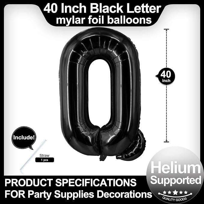 40 Inch Black Letter Q Balloons, DIY Phrase Foil Alphabet Letter Q Balloons DIY - Image 2
