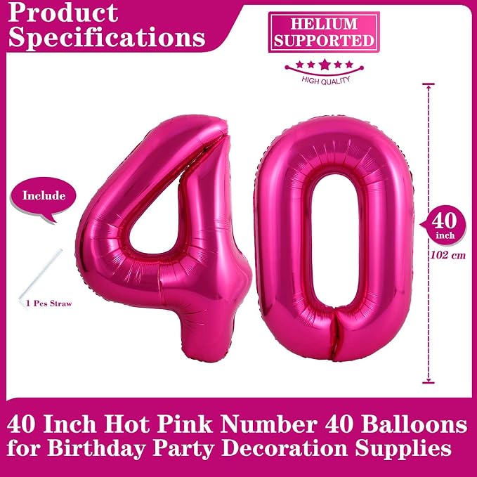 Hot Pink 40 Number Balloons, 40 Inch Giant Number 40 Balloons Foil Mylar Helium - Image 2