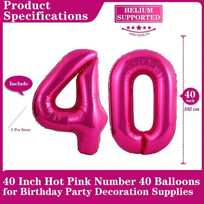 Hot Pink 40 Number Balloons, 40 Inch Giant Number 40 Balloons Foil Mylar Helium - Image 2