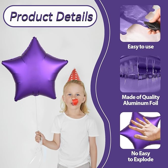 Purple Star Foil Balloons, 18 Inch Metallic Stars Aluminum Balloon Helium - Image 3